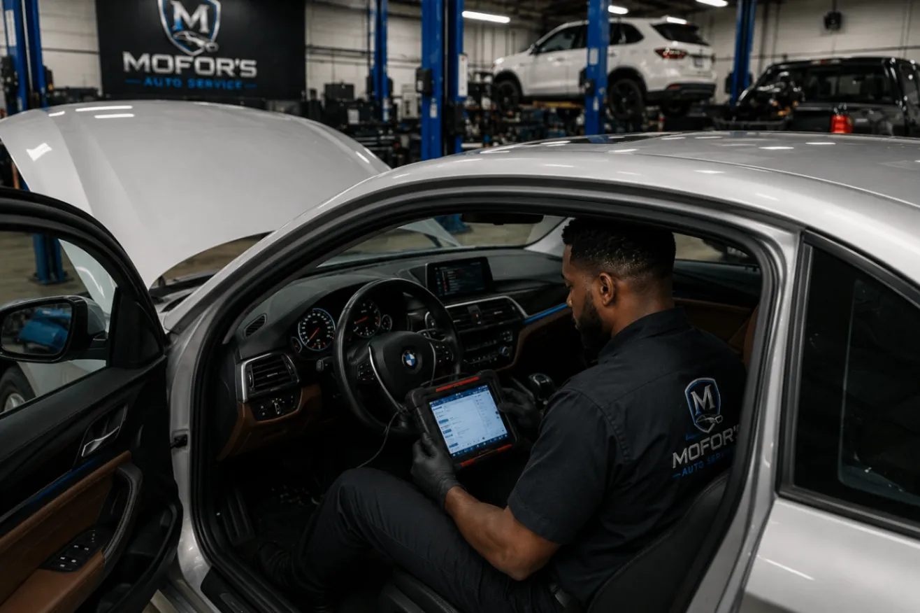 Mofor's technician performing advanced diagnostics inside the Houston repair shop