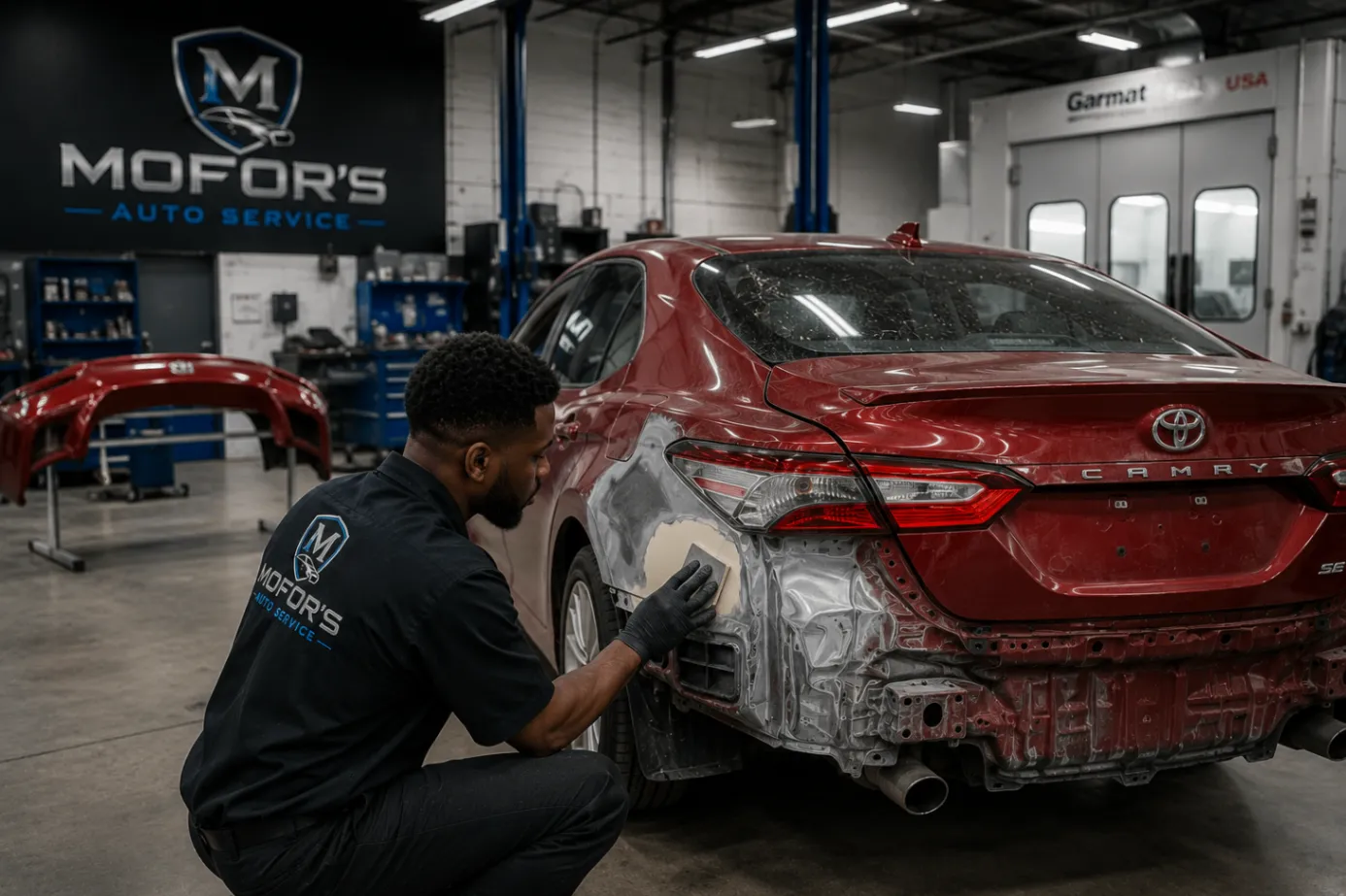 Collision repair in progress on a red sedan inside Mofor's body shop