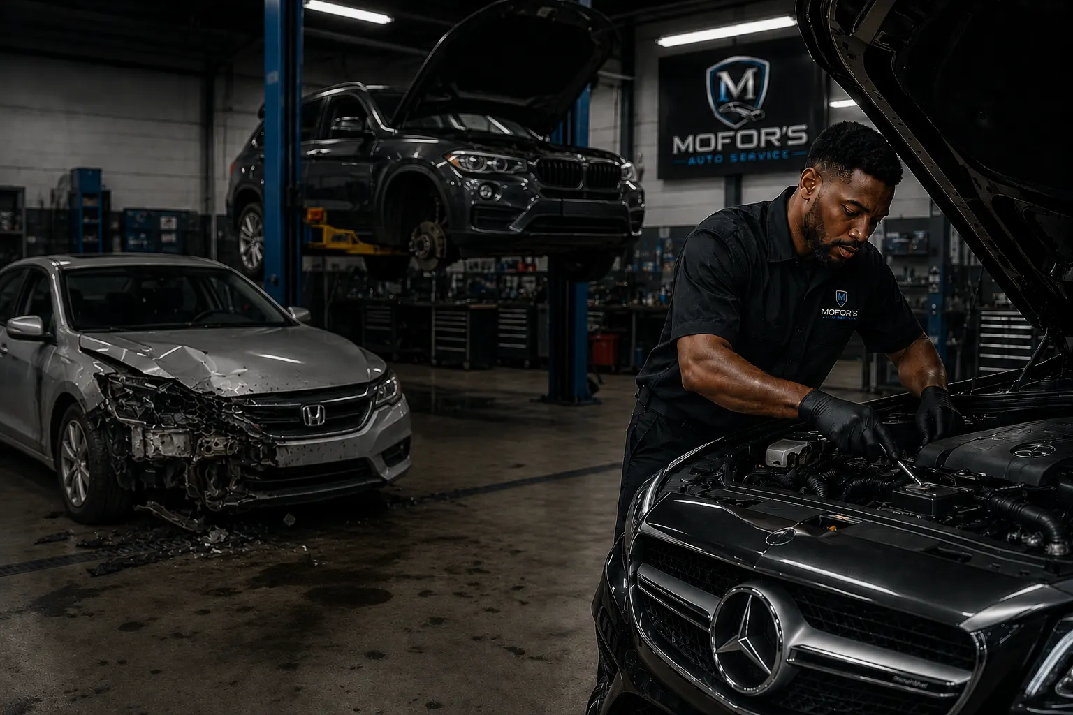 Mofor's Auto Service technician working on a Mercedes-Benz engine in the Houston repair shop