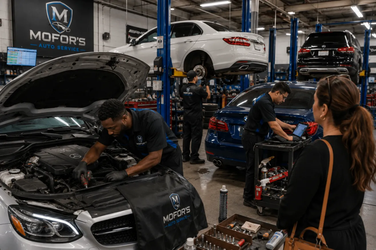 Busy Mofor's workshop with Mercedes vehicles, technicians, and a customer on site