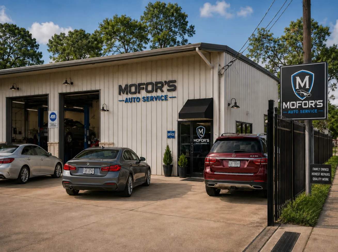 Exterior of Mofor's Auto Service on South Kirkwood Road in Houston