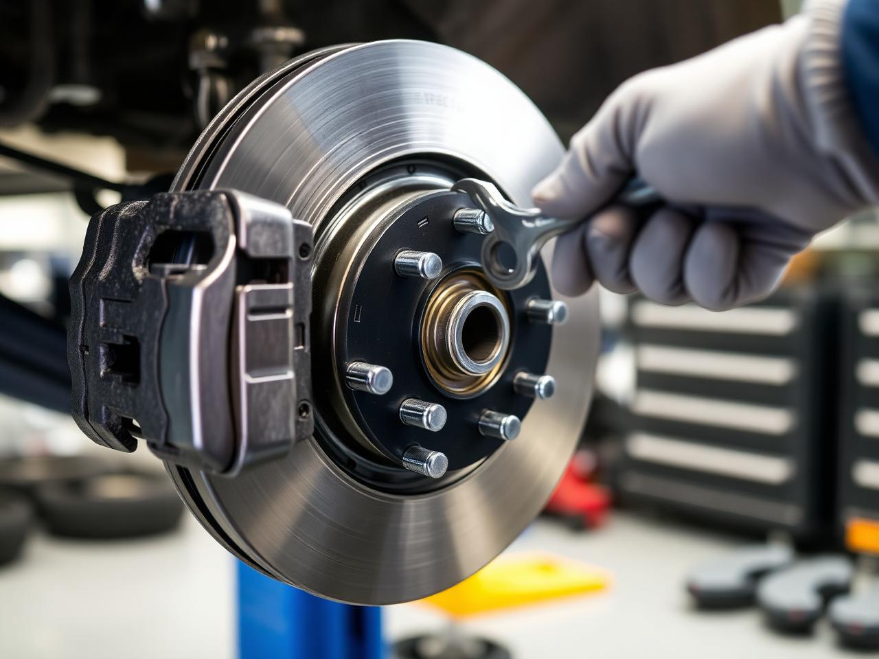 Brake rotor and caliper service in progress