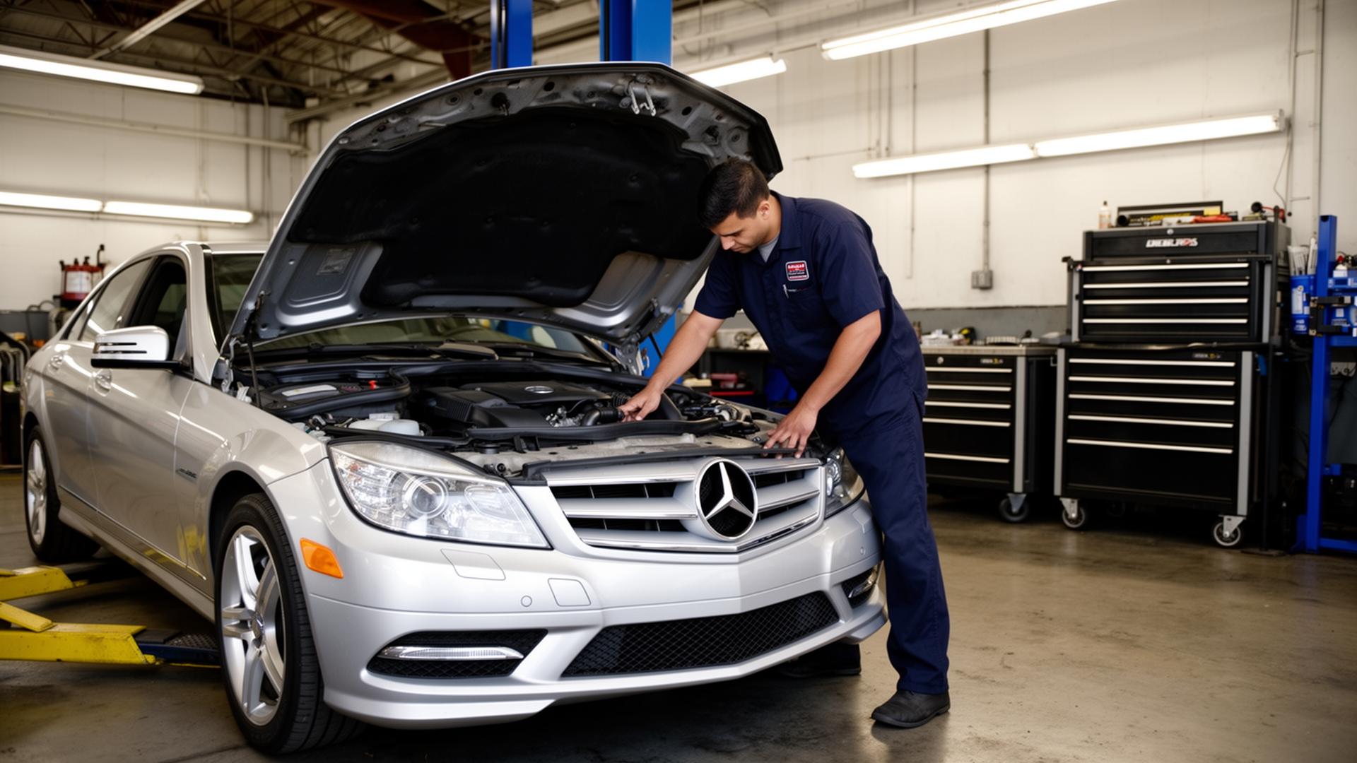 Technician inspecting a silver Mercedes-Benz at Mofor's Auto Service in Houston
